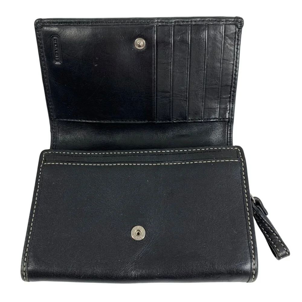 Coach Black Leather Bifold Wallet Snap Closure L Zip Coin Slot Bills Cards